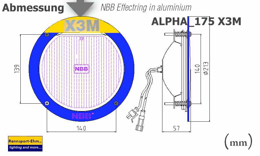 Abmessungen von NBB Alu Efektring und ALPHA_175X3M Scheinwerfer